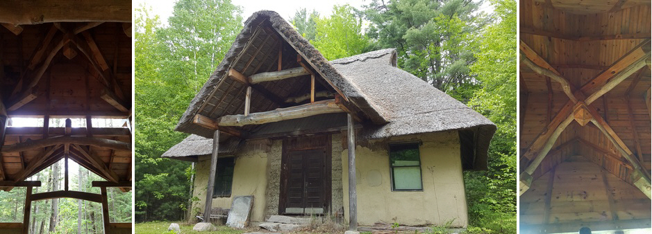 These buildings at Fox Maples School of Traditional Building, at the Maine USA campus, use natural curved timbers joined to square timbers, and the Bath House (left and right pictures) has scribed to stone posts (See picture above) The Libarary and Bath House, two of the traditional timber framed buildings at Fox Maple School of Tradtional Timber Framping